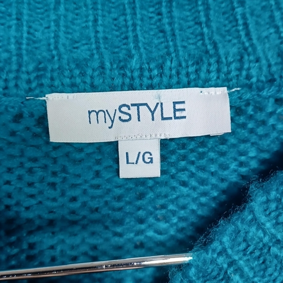 NWOT Colorblock Cozy Knit Sweater Women’s Large Teal Blue Gray Striped Layering - Picture 5 of 9